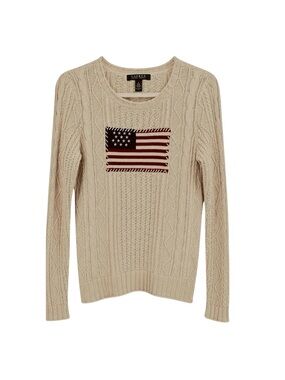 Lauren Ralph Lauren Aran-Knit American Flag Sweater – Cream – Size S